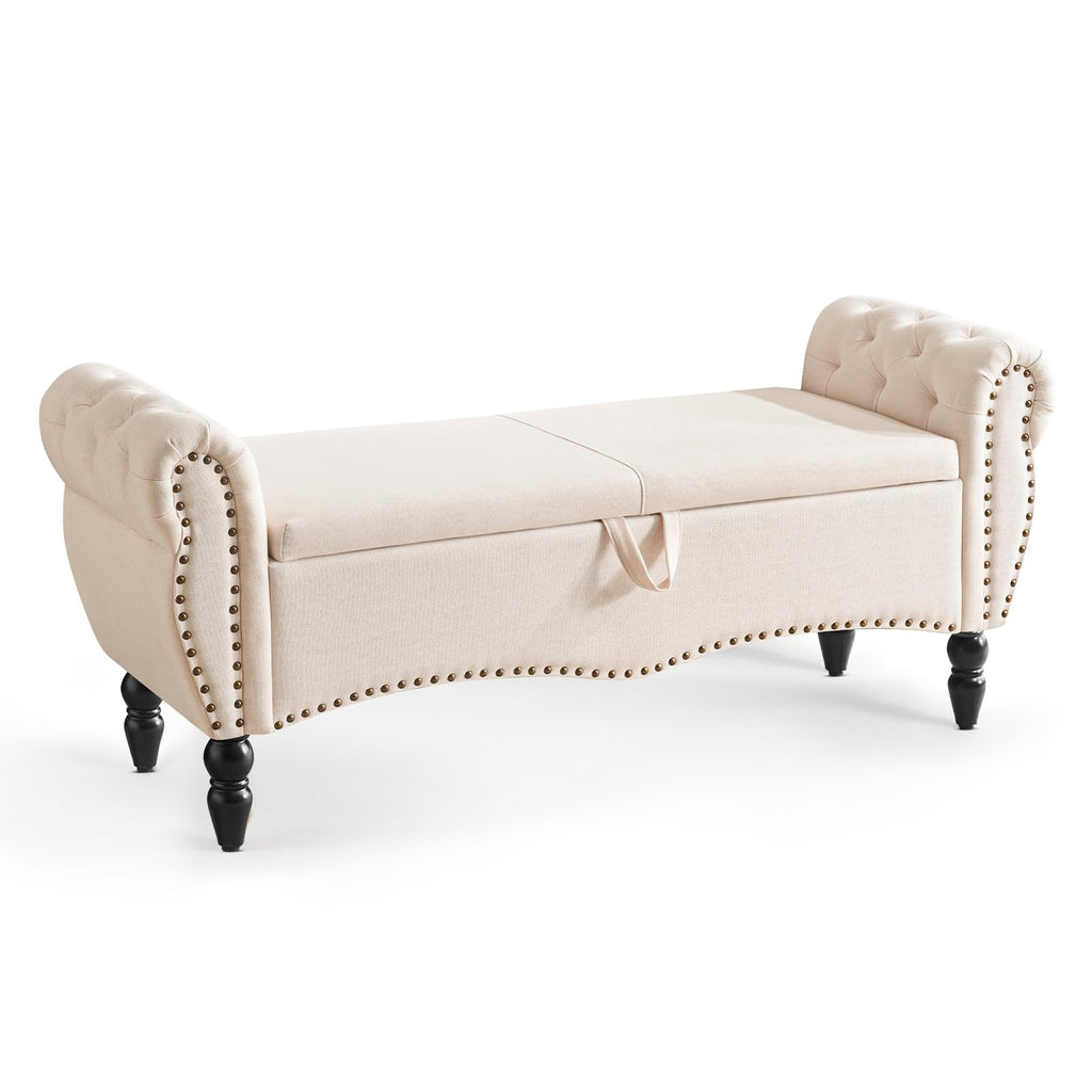 Storage Ottoman Bench, Upholstered End of Bed Bench with Solid Wood Legs Modern Shoe Storage Bench Indoor Bench