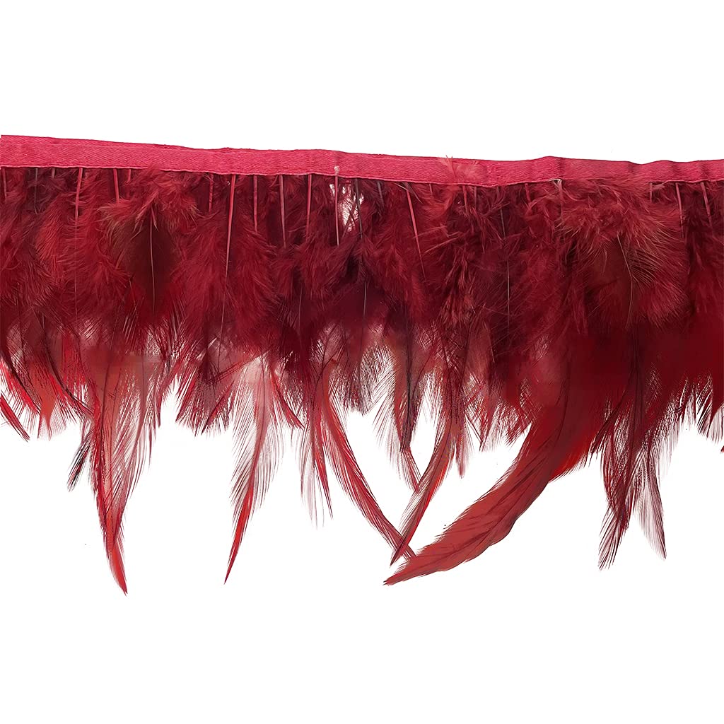 Burgundy 2Yard Rooster Hackle Feather Fringe Trim 4-6inch in Width for DIY Costume Sewing Craft Decor Dress