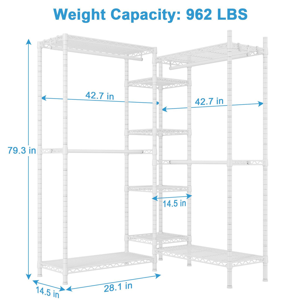 E4L L-shaped Clothing Rack for Corner, Heavy-Duty Freestanding Garment Rack, Metal Clothes Storage Organizer System