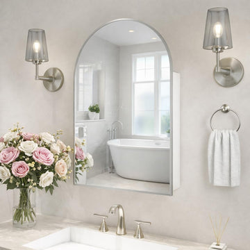24x36 Inch Arch Bathroom Mirror Medicine,Cabinet,Brushed Silver Wall Mounted Bathroom Mirror with Storage,Adjustable