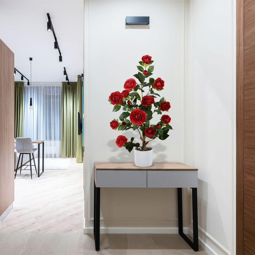 Artificial Camellia Tree 3ft Fake Flower Plant in White Pot