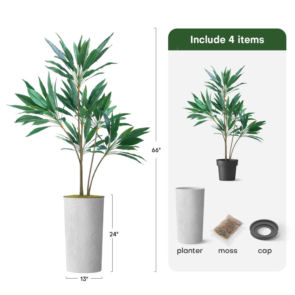Tree in White Marble Effect Planter, Fake Dracaena Tree Silk Tree for Indoor and Outdoor Home Decoration - 66"