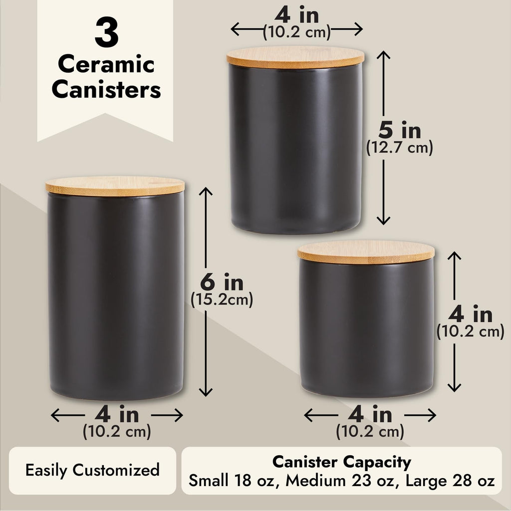 Set of 3 Matte Black Kitchen Canister with Airtight Wooden Bamboo Lids, Kitchen Counter Containers, Food Storage