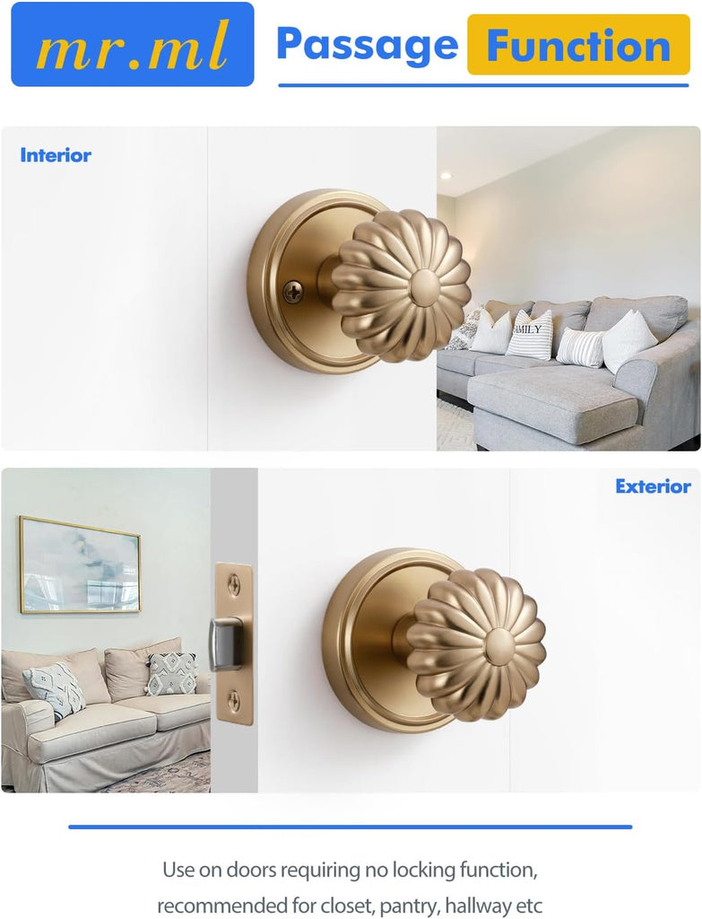 Door Knobs Champagne Bronze Passage Door Handle Doorknobs, 2 Pack