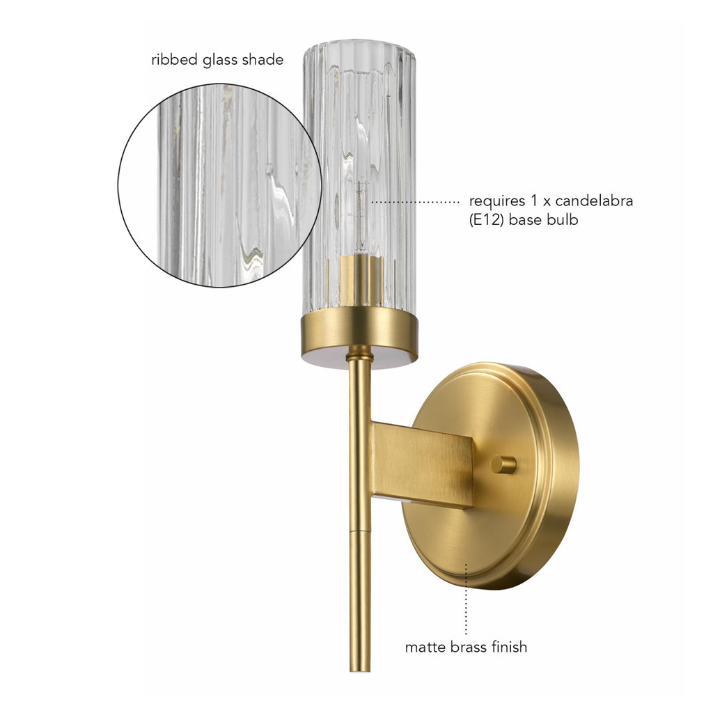 Wall Sconce, Matte Brass, Ribbed Clear Glass Shade, E12 Candelabra, Dimmable, 65000103