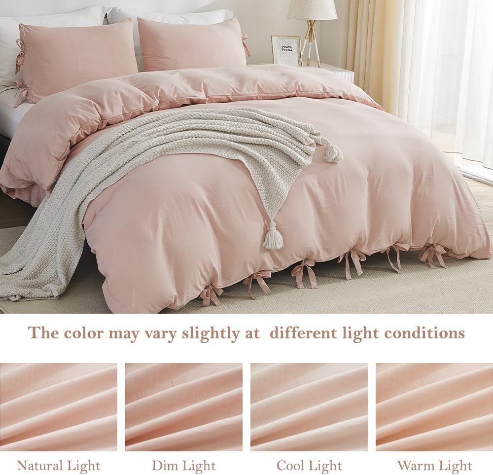 Pink Duvet Cover Queen (90x90 Inch), 3 Pieces (1 Duvet Cover, 2 Pillowcases) Soft Washed Microfiber Bowknot Bow Tie