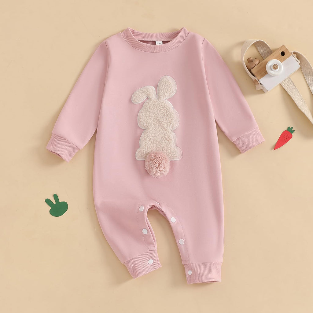 Easter Baby Boy Girl Outfit Embroidery Bunny Rompers Bunny Tail Jumpsuit Unisex Newborn Infant Easter Clothes (Pink