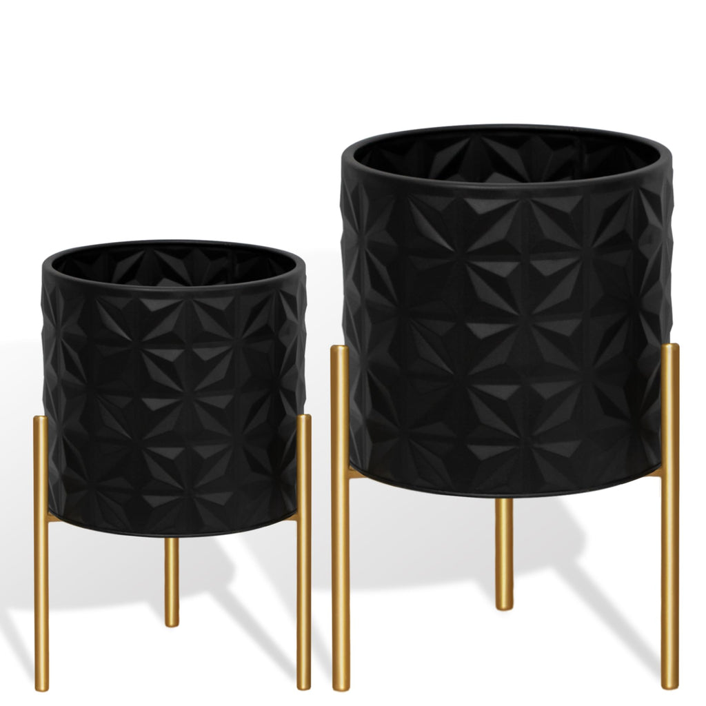 Modern Planter Pots, Set of 2 Large Planters with Stand, Decorative Planters, Metal Pots with Drainage Holes, Garden