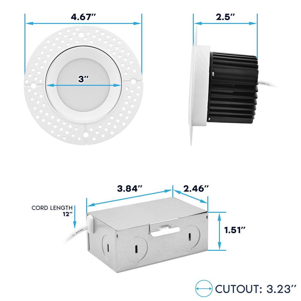 3 Inch Trimless LED Recessed Light with Junction Box (6 Pack)