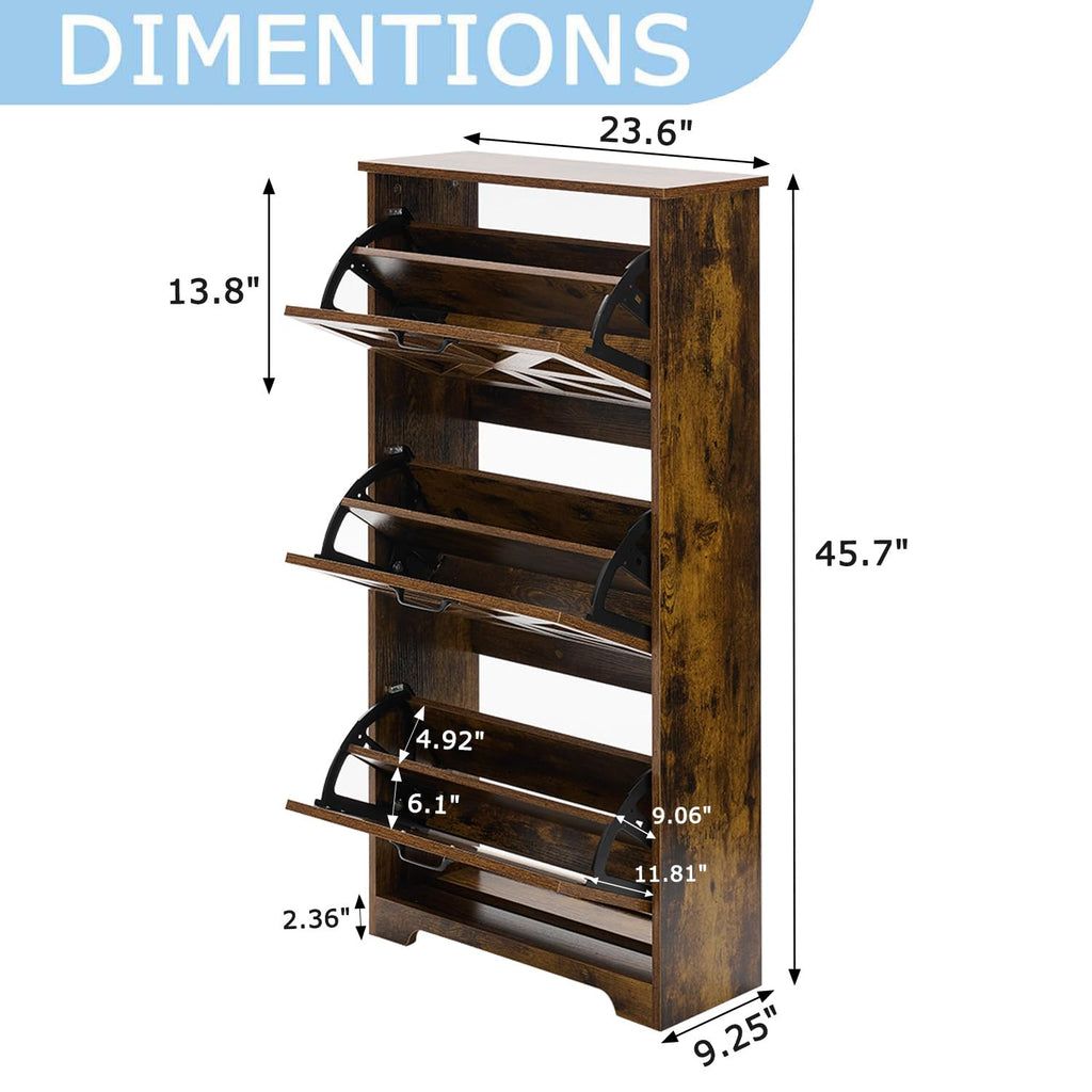 Shoe Cabinet with 3 Flip Drawers, Farmhouse Shoe Storage, Wooden Shoe Organizer Cabinet with Adjustable Shelves
