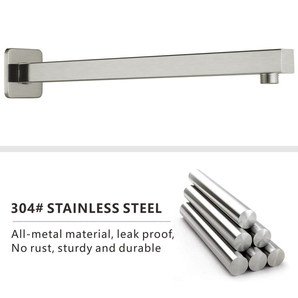 20" Square Shower Arm with Flange and Teflon Tape, Extension Shower Head Arm Fixed Shower Head, Solid Stainless