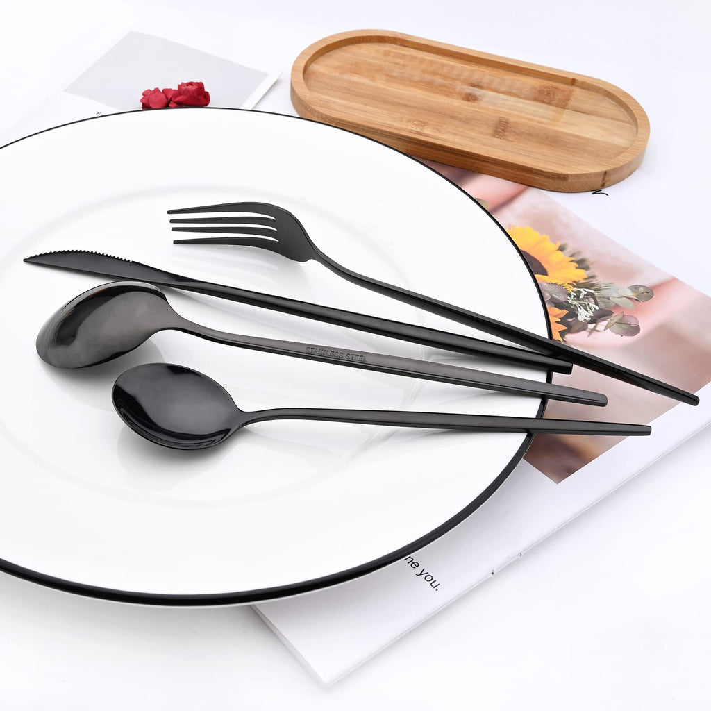 24-Piece Mirror Black Polished Flatware, 18/0 Stainless Steel Dinnerware Set Include Knife Fork Spoon Teaspoon