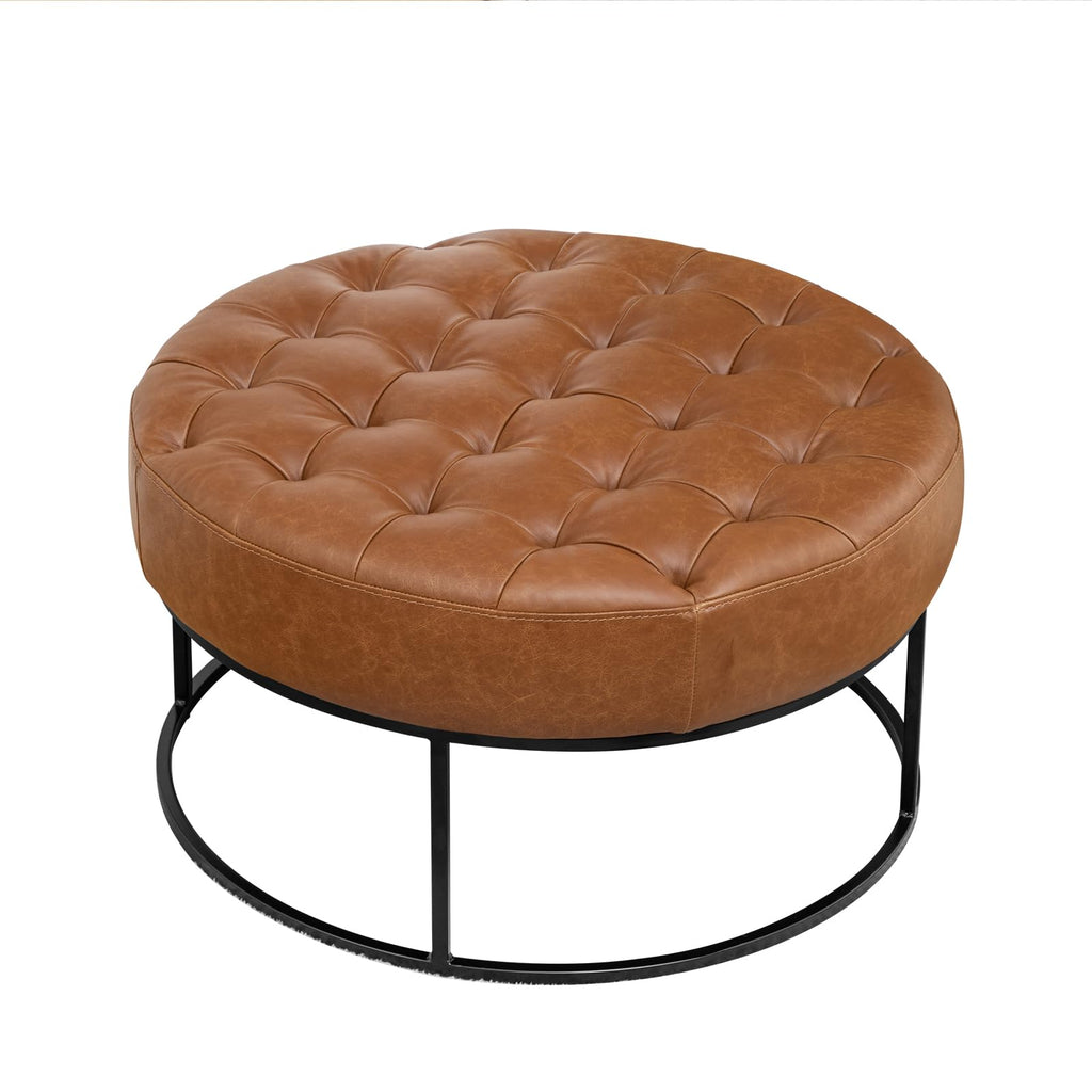 Modern Genuine Leather Round Coffee Table, 30'' Farmhouse Ottoman, Large Vintage Genuine Leather Coffee Tables with