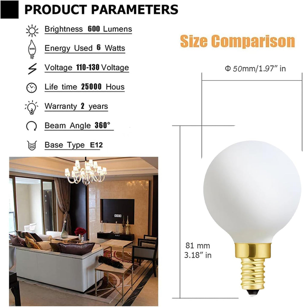 Frosted G16.5 globe light bulb,e12 Round Candelabra Bulb 60 watt,6W Chandelier Light Bulbs,Milky White Candelabra LED