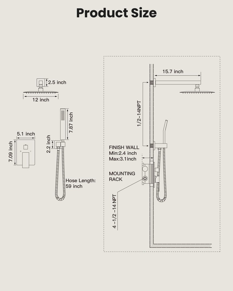 Shower Faucet Set with Handheld Spray Oil Rubbed Bronze,12'' Head