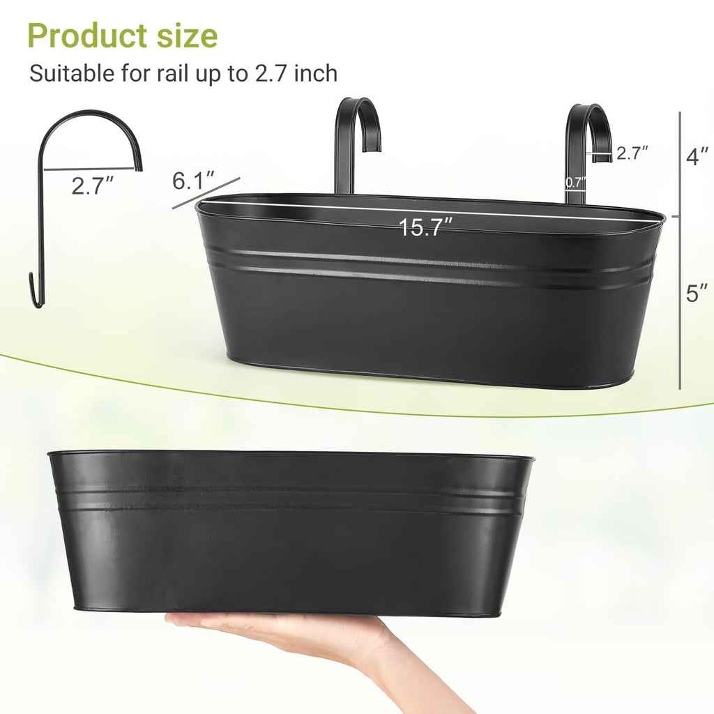 15 Inches Railing Planter Box 3 Pcs Metal Hanging Flower Pots, Black