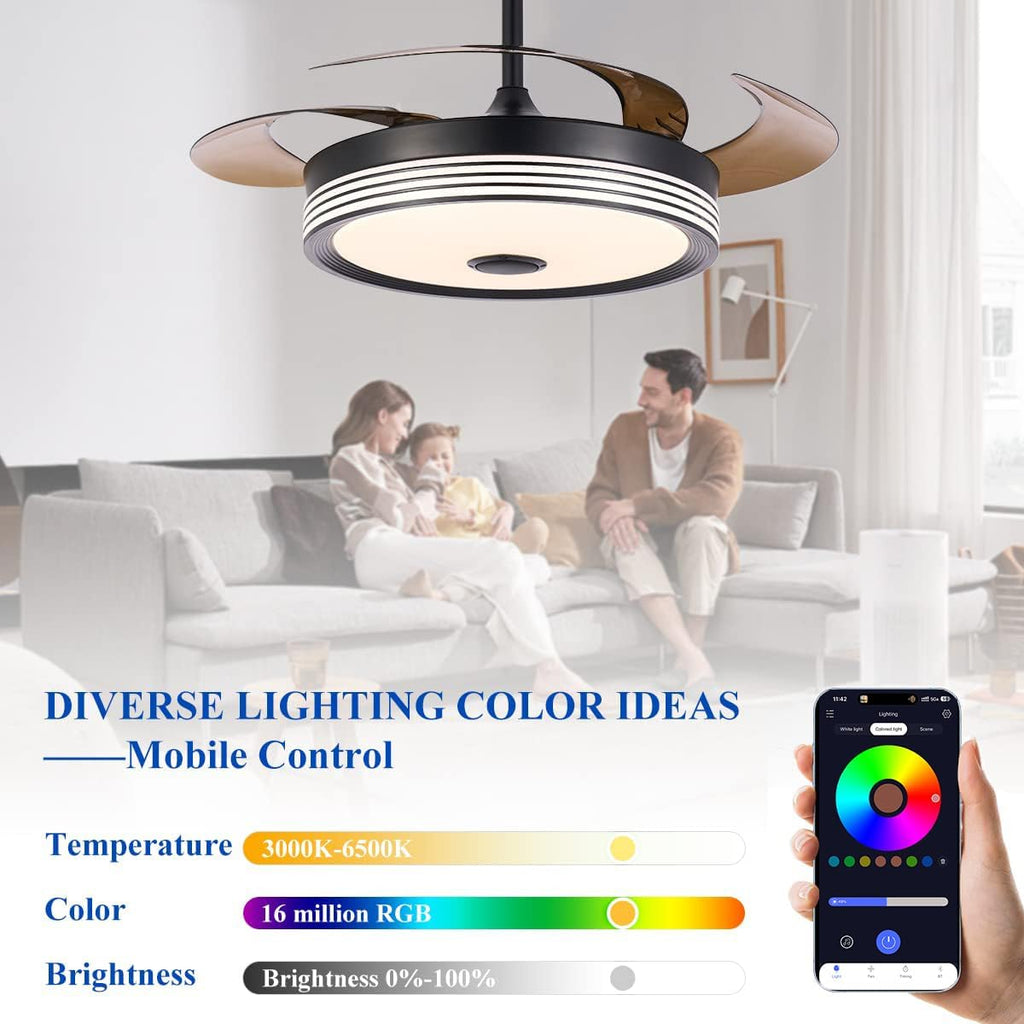42 inch Modern Retractable Ceiling Fan with Lights and Remote Control, 6Speed Dimmable Fandelier, Smart Ceiling Fan