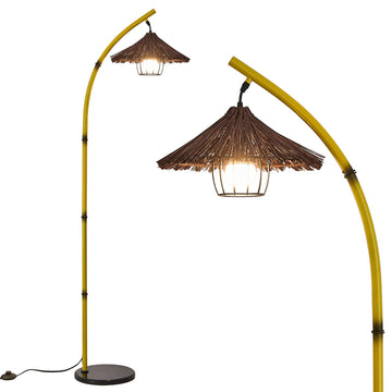 Bamboo Floor lamp Mid Century Rattan Retro Floor lamp Bohemian, Arc Floor Lamps Tall Reading Lamps Antique Rattan