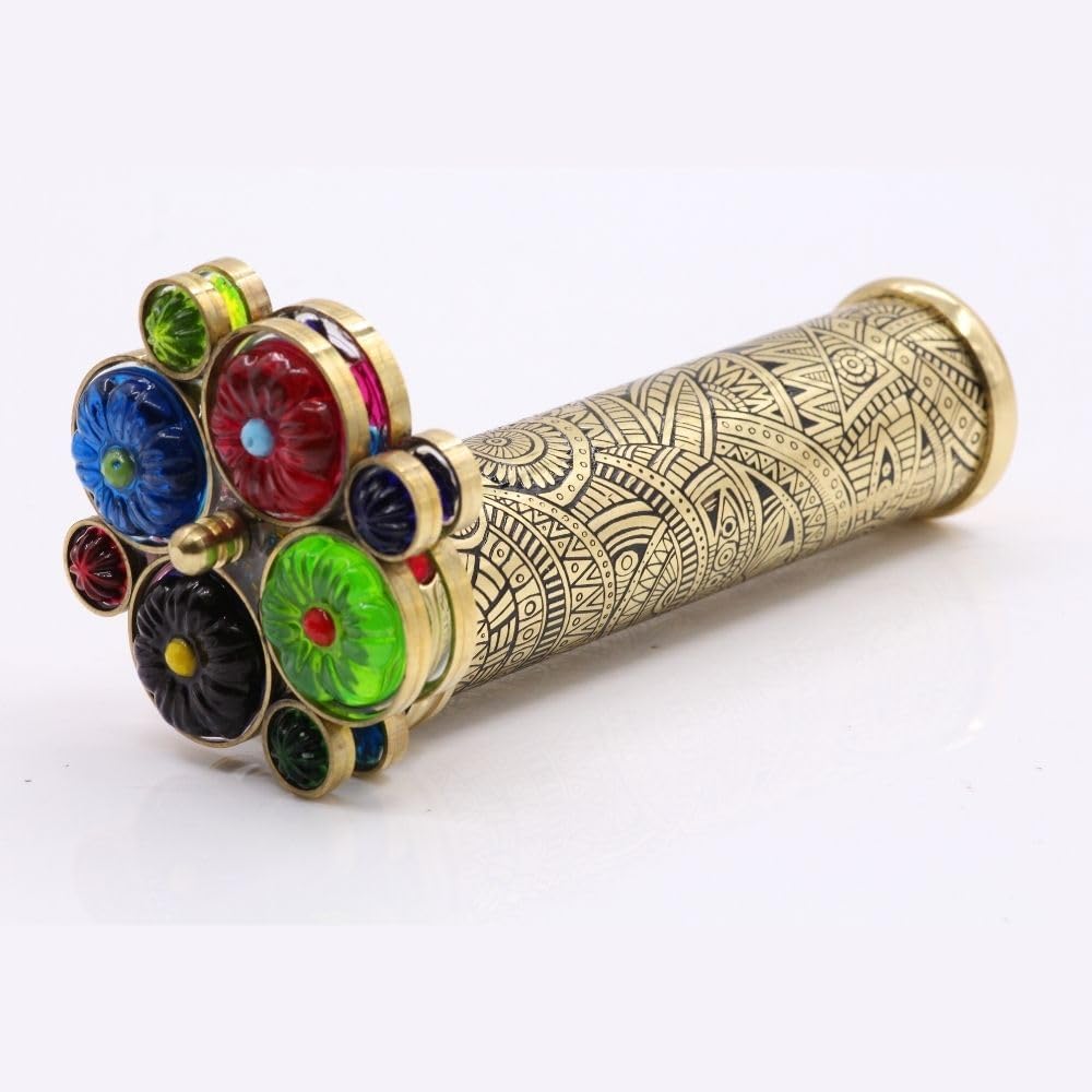 Handmade Tribal Brass Kaleidoscope with Etched Design, Dual Resin Bead Wheels, Three-Mirror System, Lacquer Finish