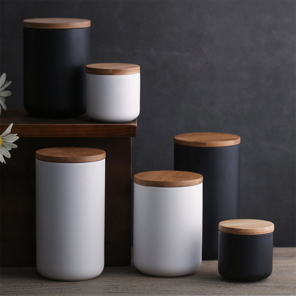 1000ml/34 oz Air Tight Jars Ceramic Storage Containers with Airtight Seal Bamboo Lids Kitchen Canisters for Tea Sugar