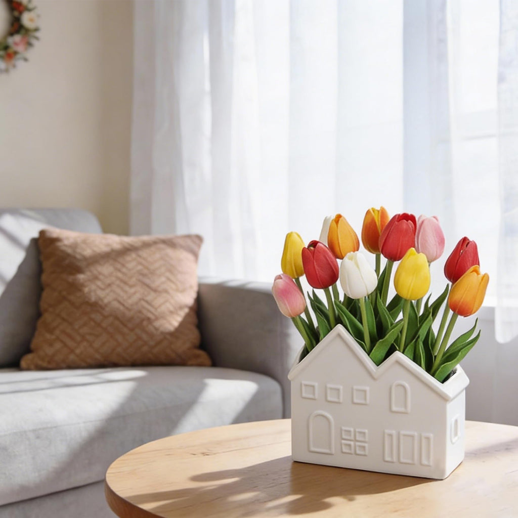 Artificial Tulips Flowers in Ceramic Pot, Real Touch Fake Tulips PU Flower Arrangement, Faux Tulips Potted for Dining