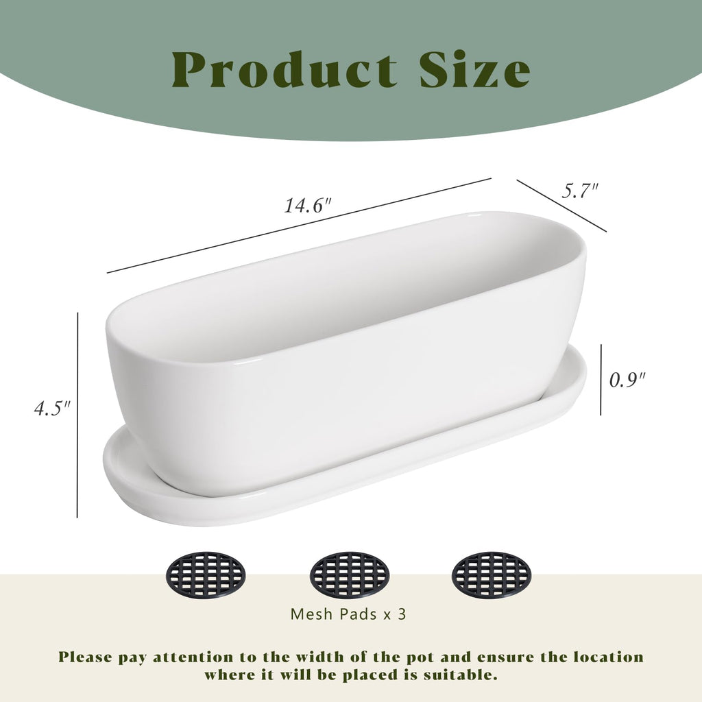 14 Inch Oval Ceramic Planter Pot with Drainage Hole Saucers