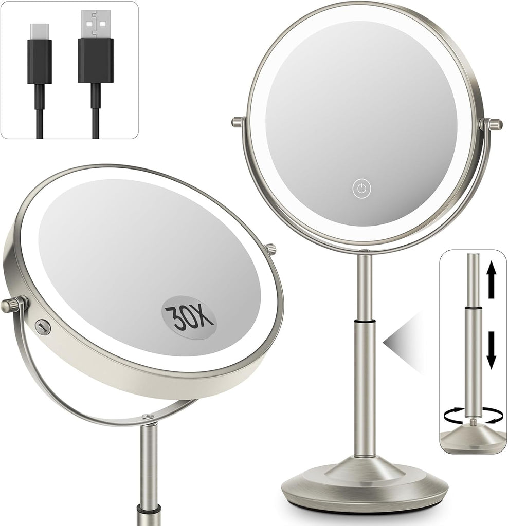 Makeup Mirror with Lights, 1X/30X Lighted Magnifying Mirror Height Adjustable, 3000mAh Rechargeable Double Sided
