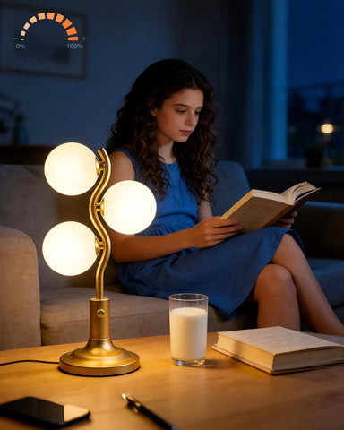 Mid Century Globe Table Lamp Dimmable Modern 3 Lights Gold Desk Lamp 3000K Warmwhite Bedside Table L