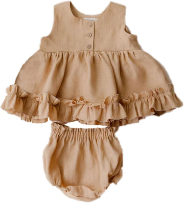 Baby Girls Linen Ruffles Dress Shirt Blouse Shorts Clothing Sets Toddler Vest Tops Bloomer 2pcs Outfits
