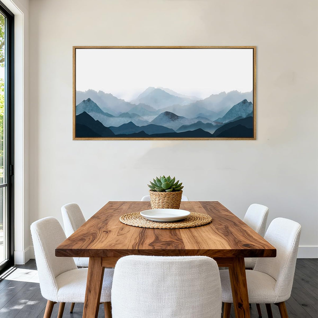 Blue Framed Mountain Landscape Wall Art Fog Mountain Painting Wall Decor Living Room Office Decor 20x40 Inch
