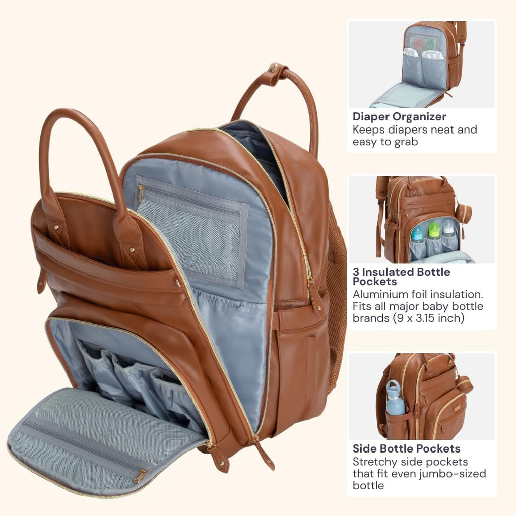Leather Diaper Bag Backpack - Baby Essentials Travel Baby Bag, Multi function, Water Resistant, with Changing Pad