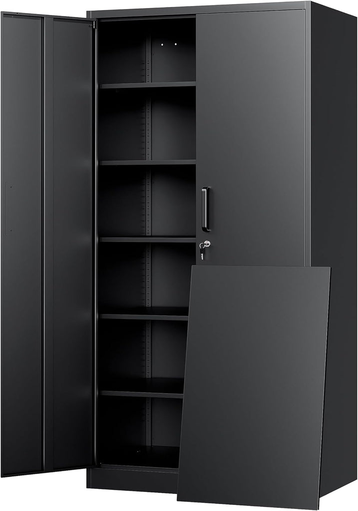 Metal Storage Cabinet with Lock - 72" Garage Storage Cabinet with 2 Locking Doors and 5 Adjustable Shelves, Black