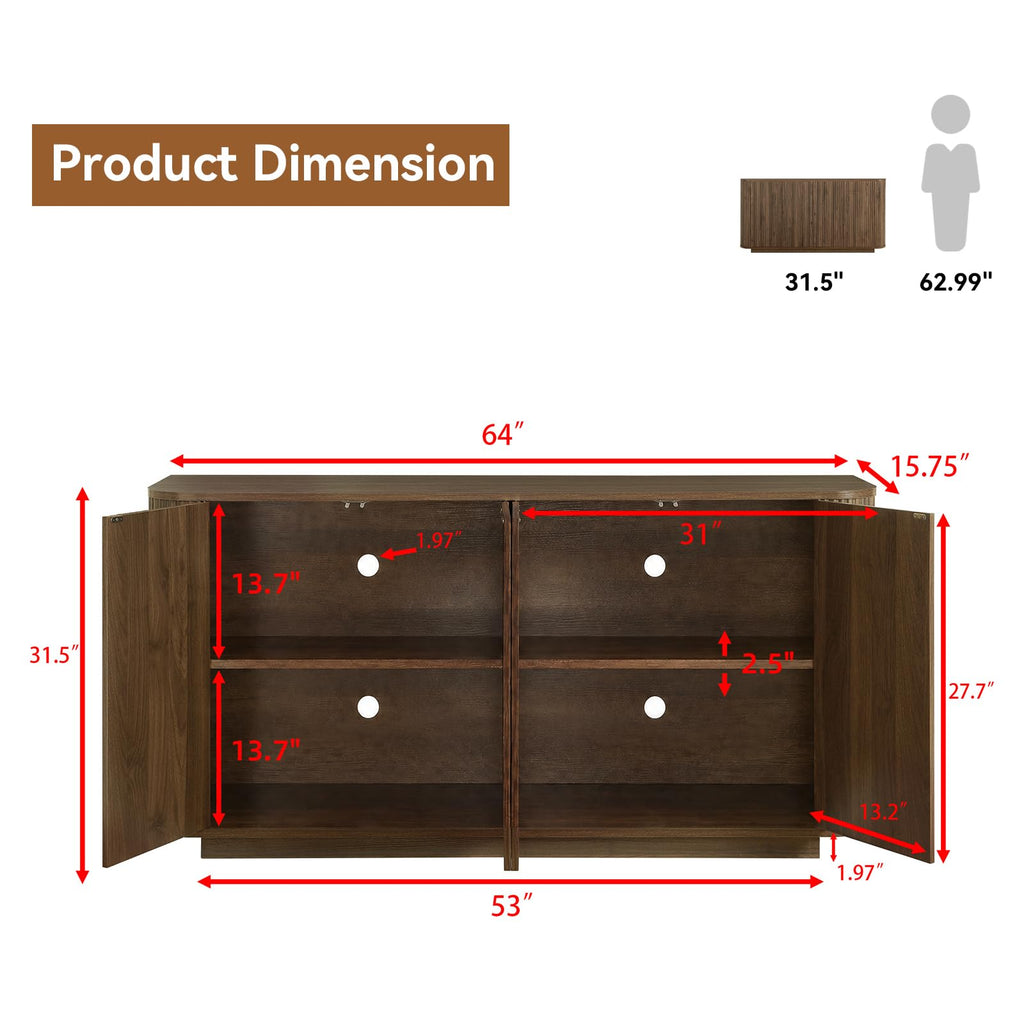64" Fluted Buffet Cabinet with Storage, Walnut Sideboard Cabinet