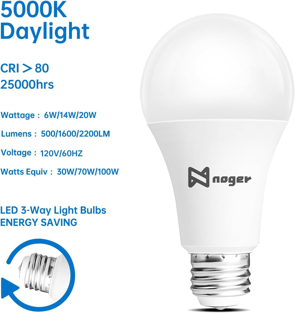 3 Way A21 LED Bulb,50 -100 -150W Equivalent,5000K Daylight, E26 Base,4 Pack