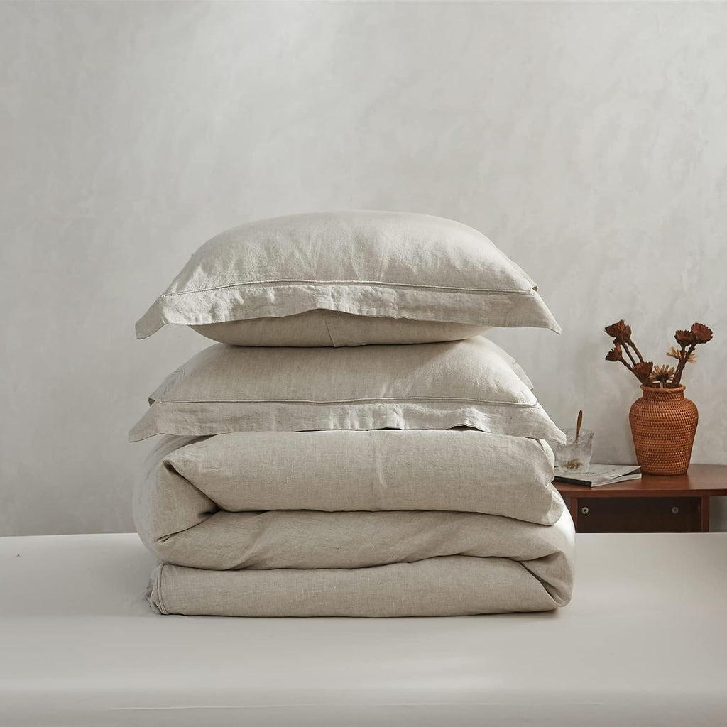 100% French Flax Linen Duvet Cover Set with Embroidery Washed - 3 Pieces (1 Duvet Cover with 2 Pillow Shams) with Button Closure Soft Breathable Farmhouse - Linen, King Size