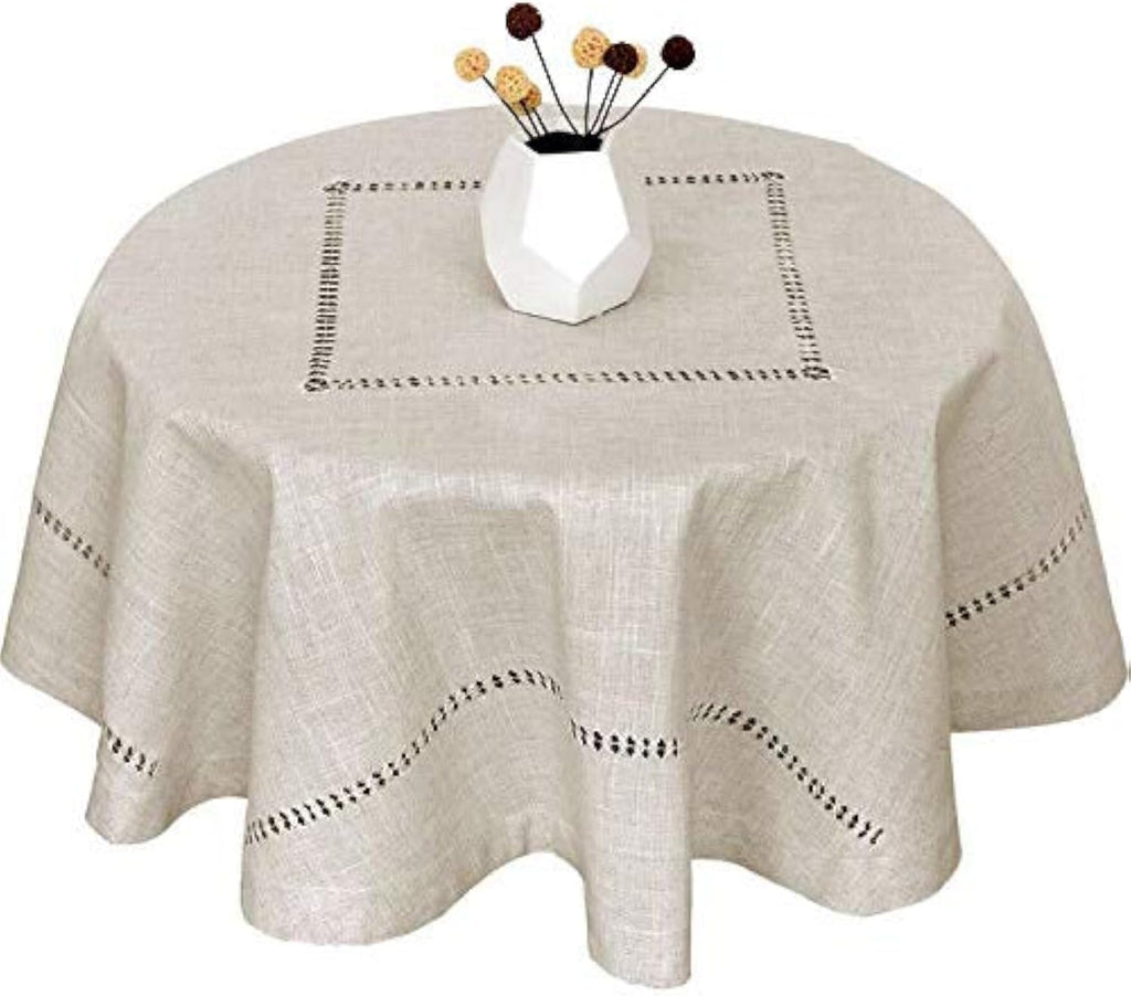 Handmade Double Hemstitch Natural Tablecloth, Round 60 Inch