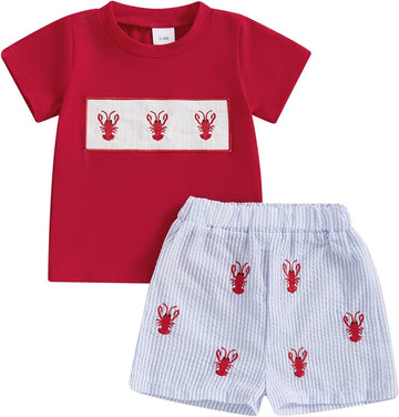 Toddler Baby Boy Summer Clothes Cute Crawfish Outfit Lobster Short Sleeve T-shirt Tops & Stripes/Gingham Shorts Set