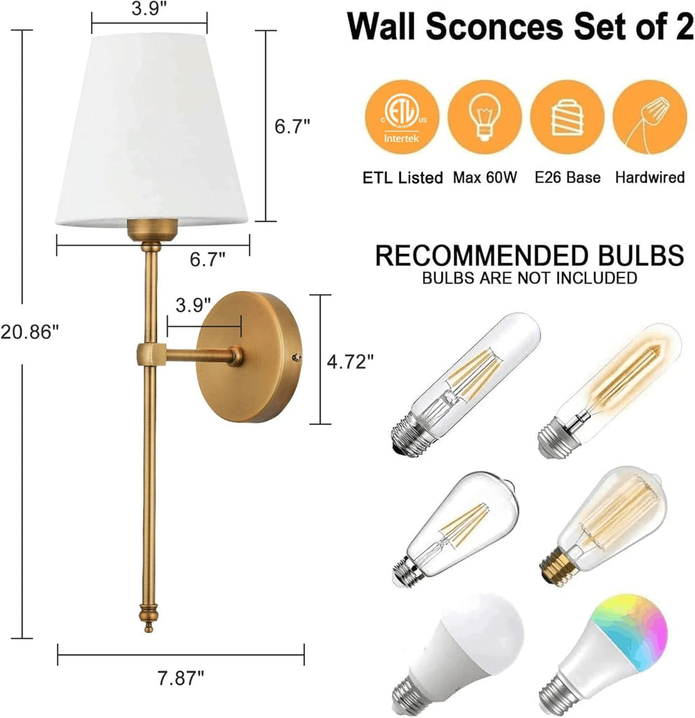 Wall Sconces Sets of 2, Hardwired Classic Brushed Brass Sconces Wall Lighting, Bathroom Vanity Light Fixture with