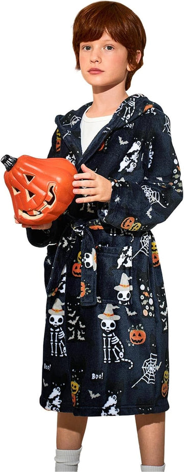 Boys Fleece Robe Kids Plush Hooded Bathrobe Winter Warm Soft Fuzzy Sleepwear