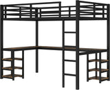 Twin XL Size Loft Bed with Desk and Shelves, Metal Twin XL loft bedframe with L Desk and 6 Storage Shelves, Black