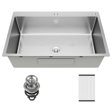 33x22 Inch Topmount or Drop In Worktation 16 Gauge Stainless Steel Single Bowl with Drainpipe, Silver