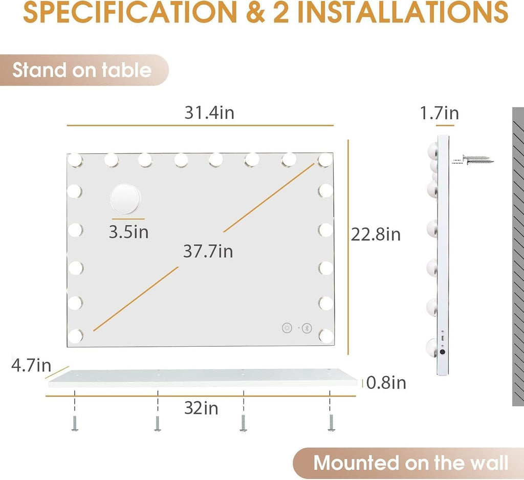 Vanity Mirror with Lights and Bluetooth Speaker 32"x 22.8" Hollywood Makeup Mirror with 18 LED Bulbs, Large Lighted