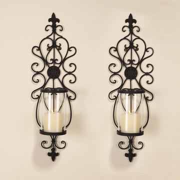 24" Hurricane Wall Sconces Set of Two, Iron & Glass Sconces for Candles