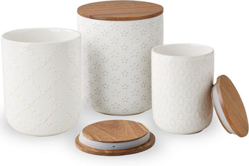 Canisters Sets for the Kitchen, White Ceramic Canister Set with Airtight Wood Lids, Embossed Food Storage Jars - Set of 3