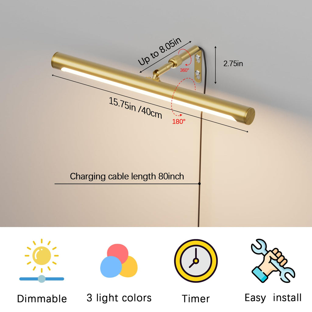 Picture Lights for Paintings Plug in, 16" Adjustable LED Gold Picture Light Art Light, Remote Control Gallery