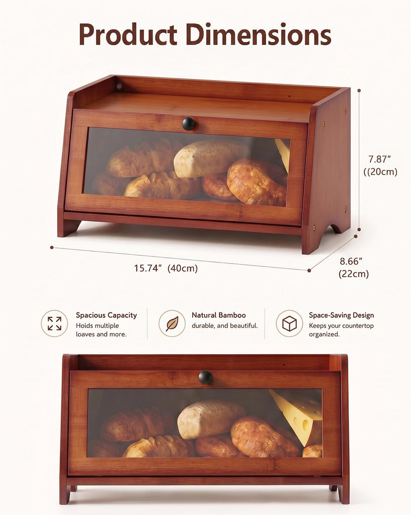 Bread Box - Countertop With Top Shelf For Fruit,1 Tier, Brown