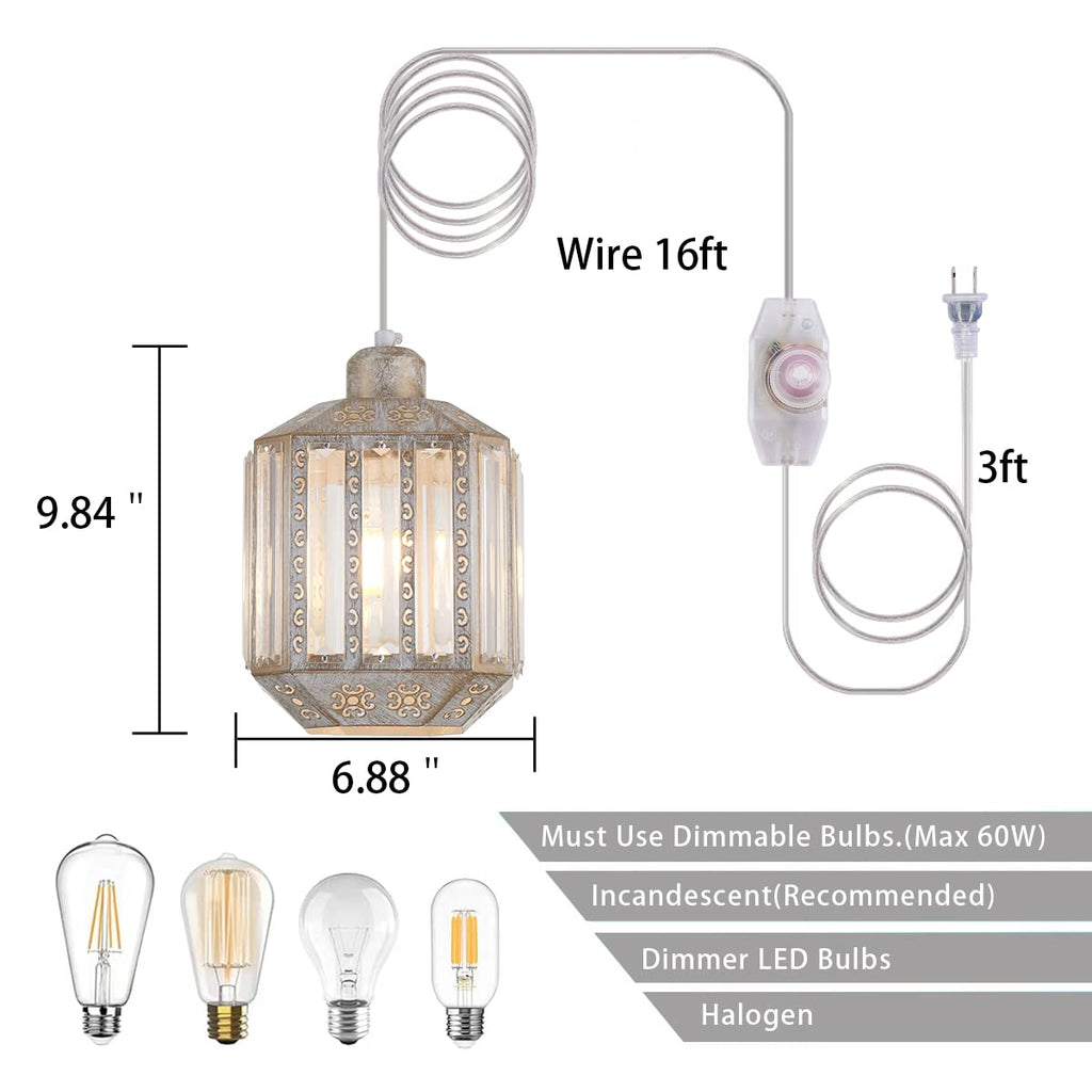 Boho Hanging Lamp Plug in, Rustic White Crystal Swag Lamp, Pendant Light Plug in 16.4 FT Cord Dimmable, Corner