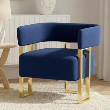 Mid Century Modern Accent Chair, Barrel, Navy Blue Velvet, Gold Leg