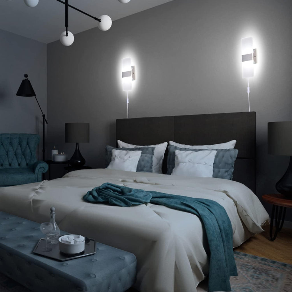 Modern Wall Sconces Set of 2, Wall Sconce Plug in 12W LED 6000K Cool White Acrylic Wall Mounted Light Wall Lights