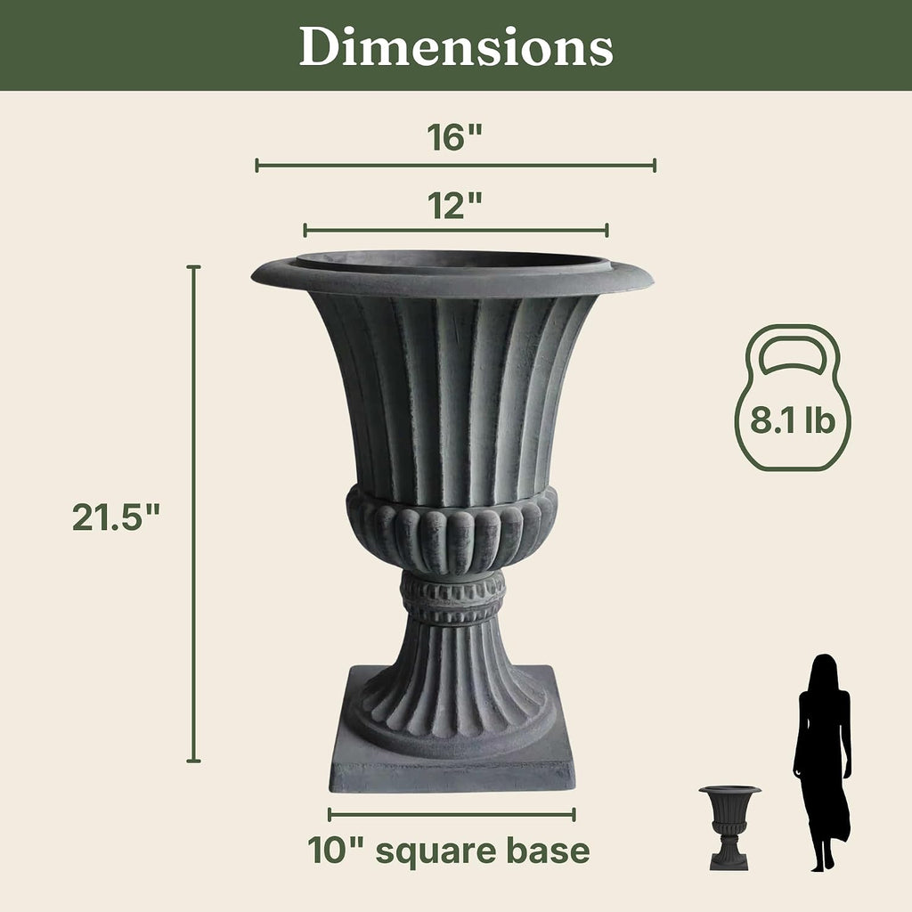 Urn Planters 22", Set of 2, Tall Stone-Resin Pedestal Planters for Outdoor Plants, Large Front Porch Decor, Patio